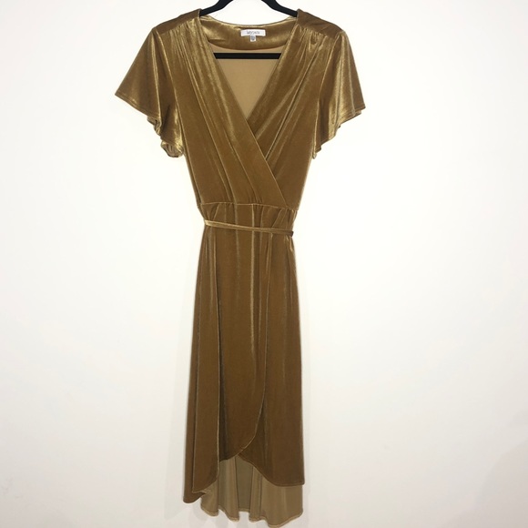 Lucy Paris Gold Veronica Velvet Wrap Dress V-Neck - Picture 2 of 4